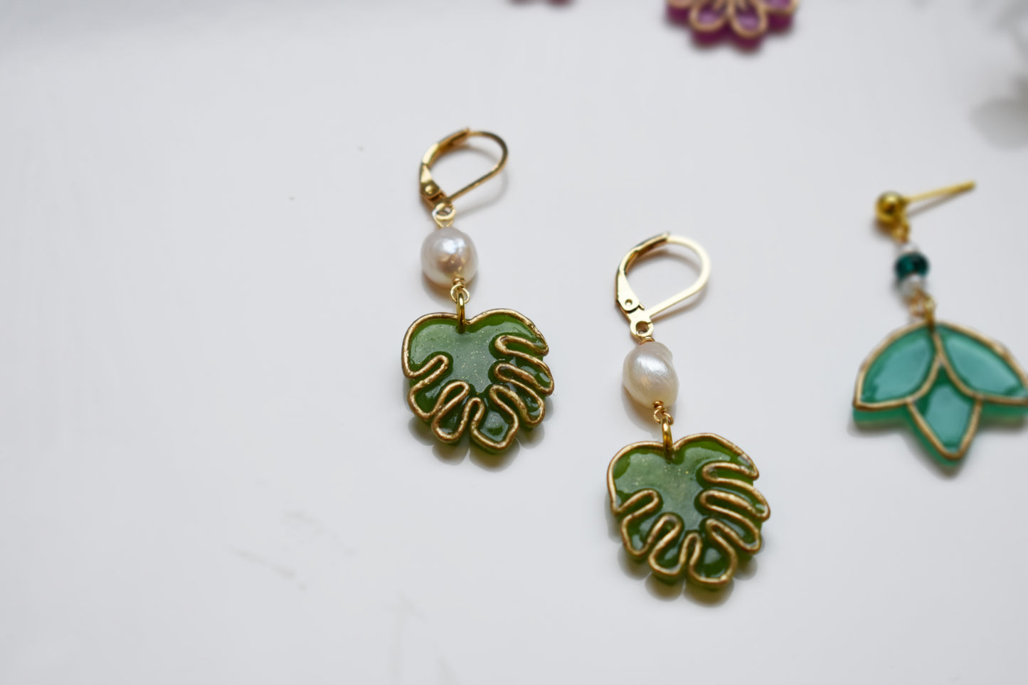 Stained Glass Monstera Leaf Earrings